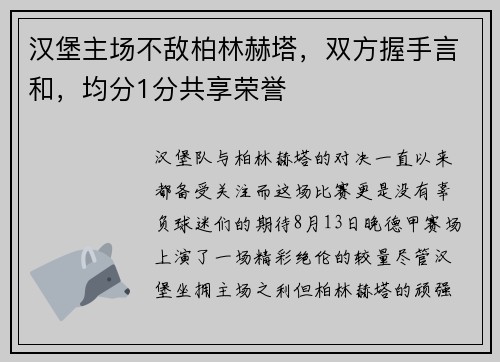 汉堡主场不敌柏林赫塔，双方握手言和，均分1分共享荣誉
