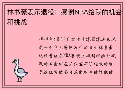 林书豪表示退役：感谢NBA给我的机会和挑战